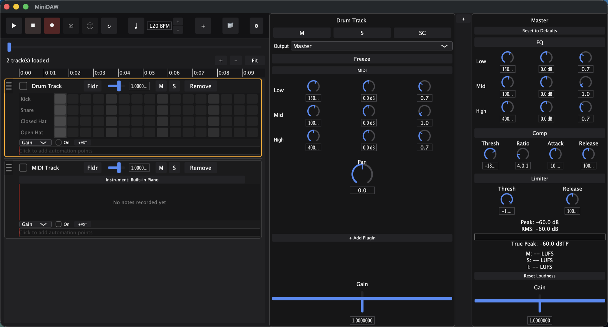 MiniDAW showing a drum step sequencer, a MIDI track, a per-track mixer with EQ, and the master compressor, limiter and meters