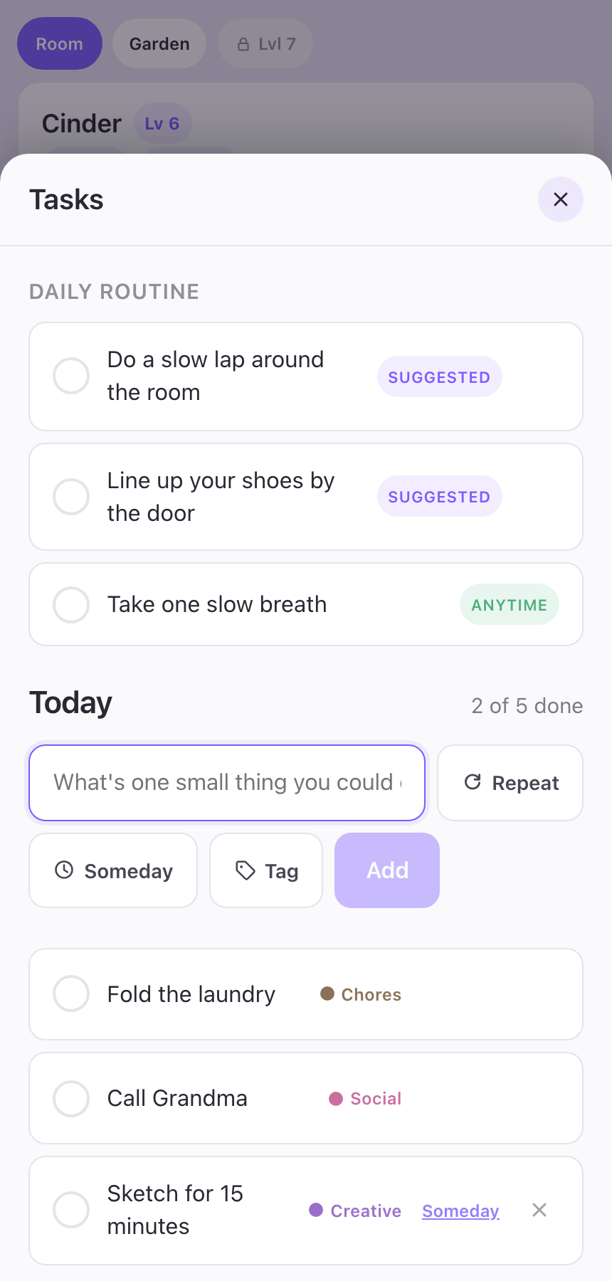 Motivation app task list with daily routine and tags