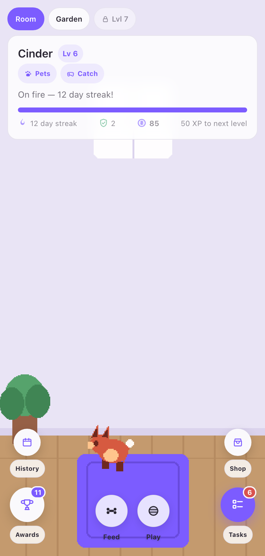 Motivation app room view with a pixel-art fox companion and a 12-day streak