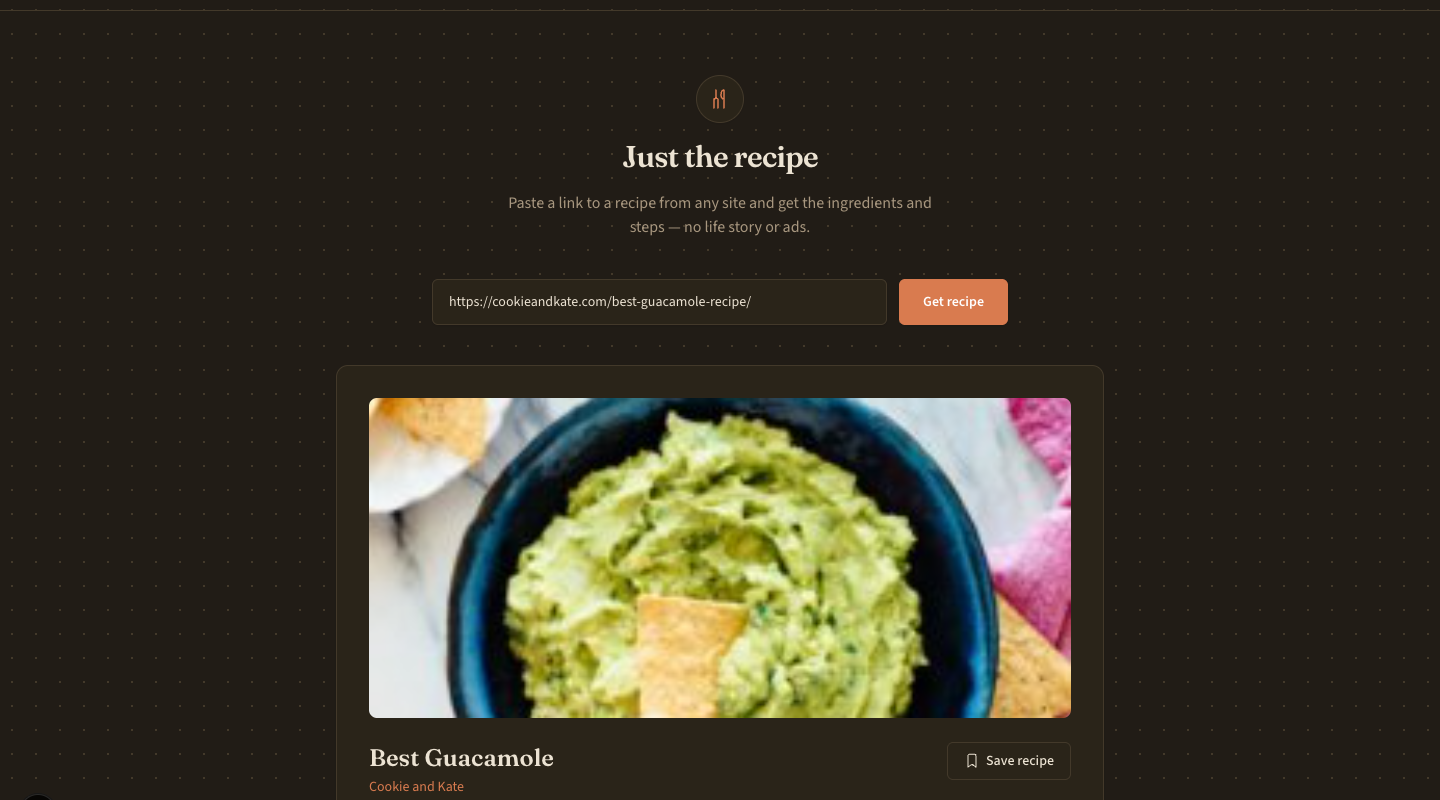 Kept Recipes showing an extracted guacamole recipe card
